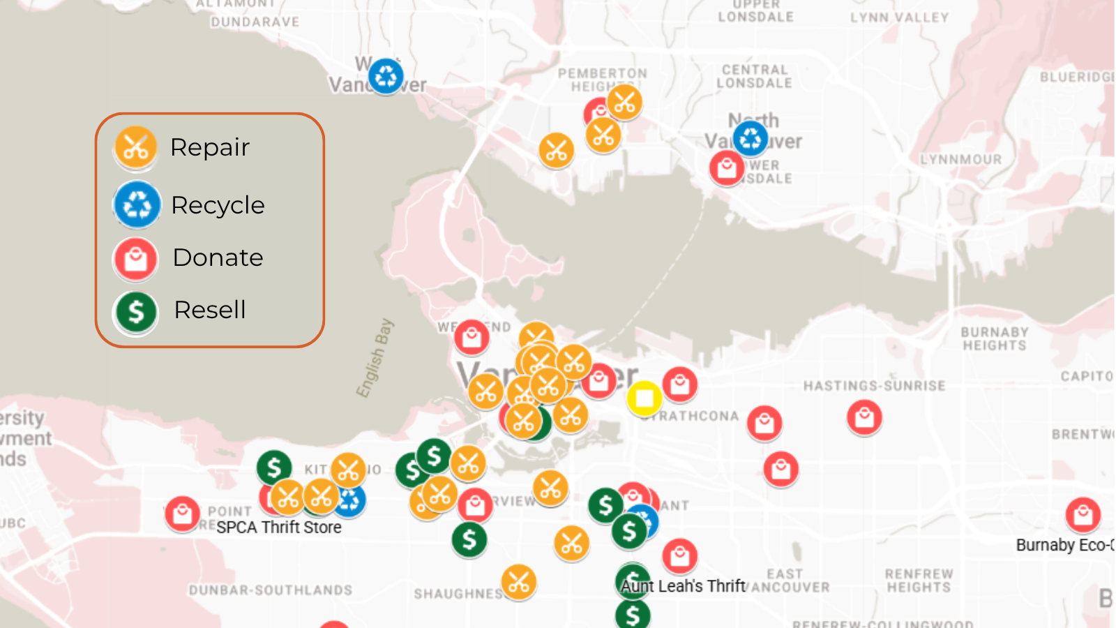 Illustrated map of nearby textile circularity locations